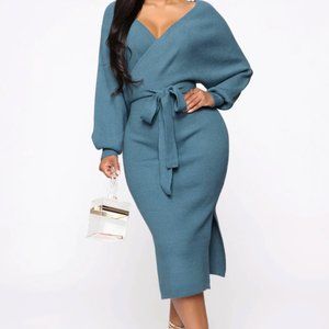 Fashion Nova Mona Sweater Midi Dress, Color: Dusty Blue, Plus Size: 1X